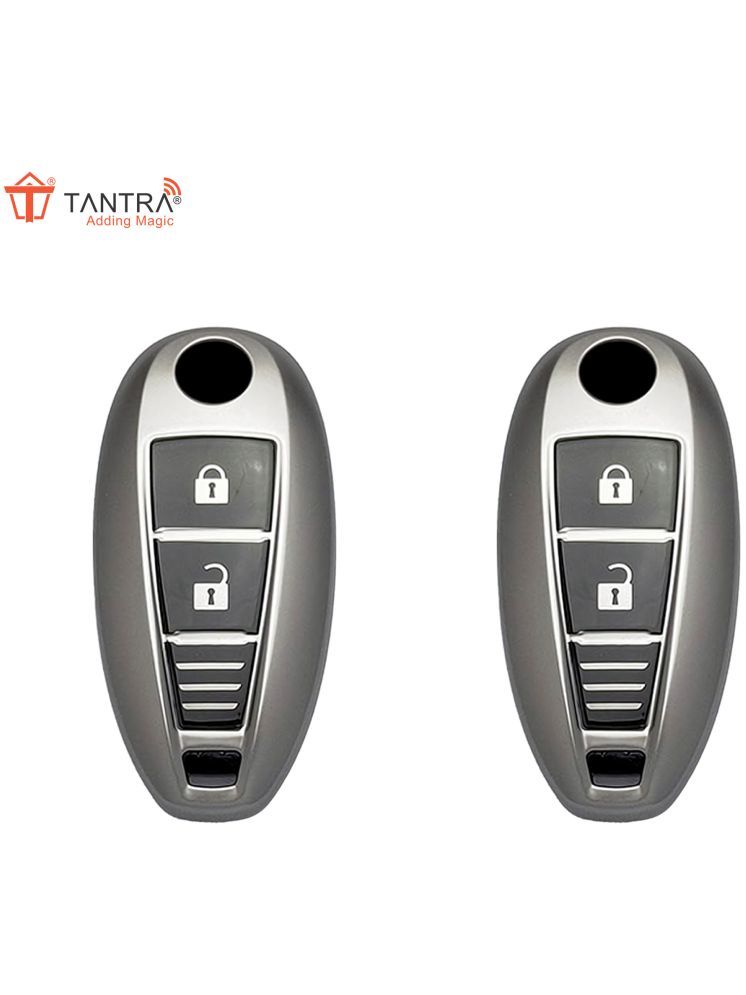     			TANTRA TPU Key Cover and Metal Keychain Compatible for Maruti Suzuki Baleno | Ciaz | Swift | Ertiga | Ignis | Ritz | S-Cross | SX4 | Vitara Brezza 3 Button Smart Key Cover (Grey Pack of 2)