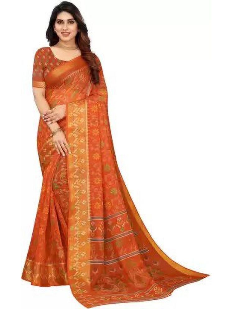     			THE PRIVATE LABLE Cotton Silk Printed Saree Without Blouse Piece - Orange ( Pack of 1 )