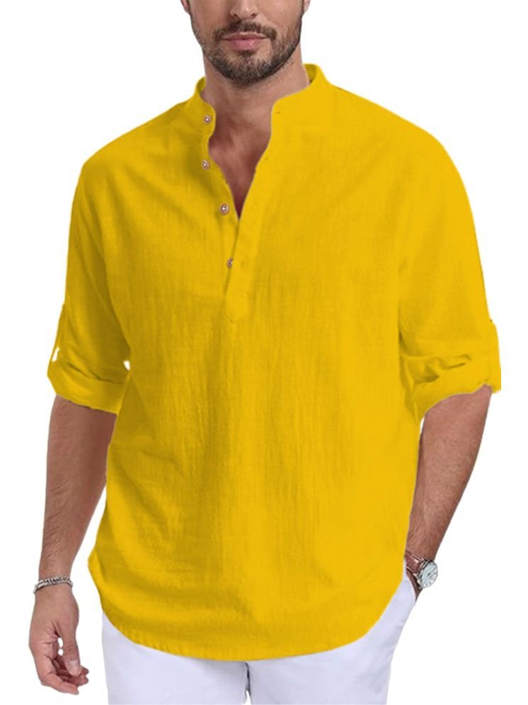     			UNI VIBE Yellow Cotton Men's Shirt Style Kurta ( Pack of 1 )