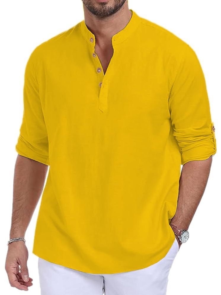     			UNI VIBE Yellow Cotton Men's Shirt Style Kurta ( Pack of 1 )