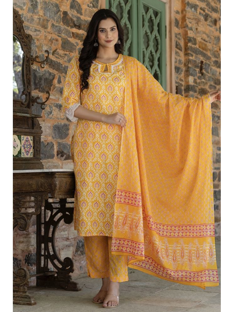     			Kohsh Cotton Printed Kurti With Pants Women's Stitched Salwar Suit - Yellow ( Pack of 1 )