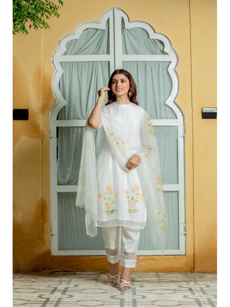     			Kohsh Organza Printed Kurti With Pants Women's Stitched Salwar Suit - White ( Pack of 1 )