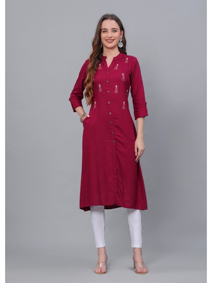     			MAUKA Rayon Embroidered Front Slit Women's Kurti - Maroon ( Pack of 1 )