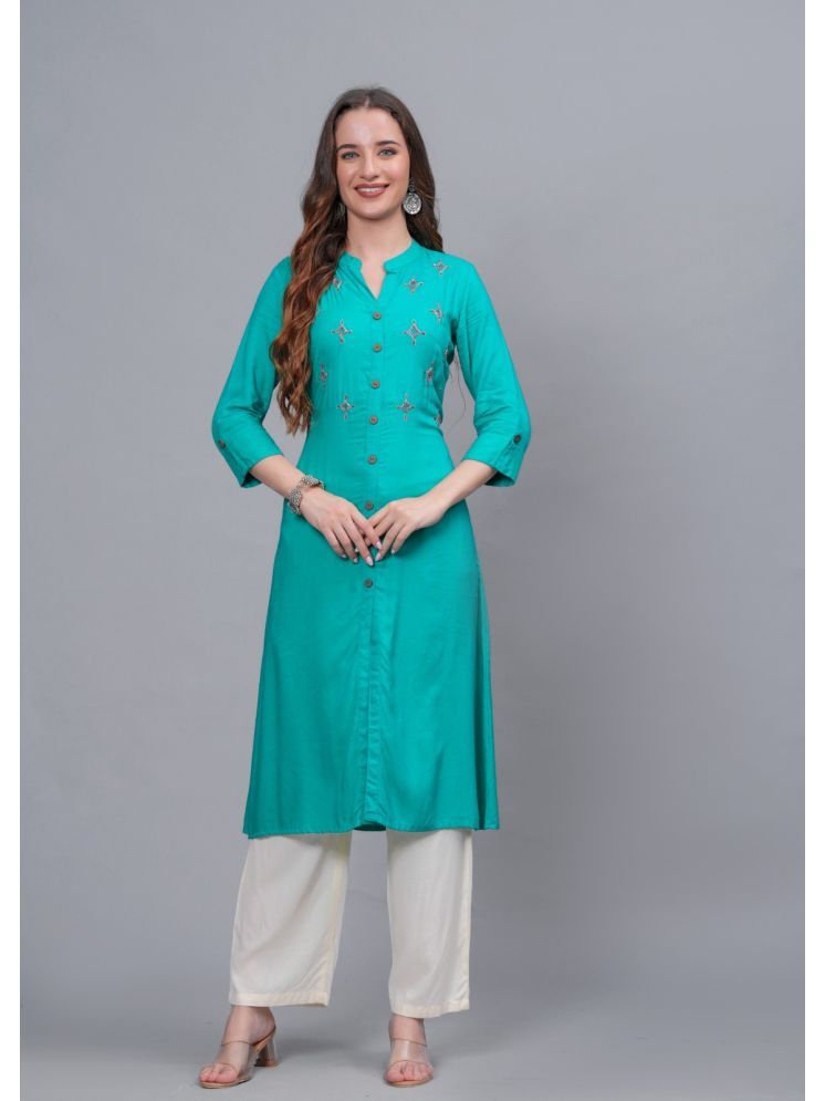     			MAUKA Rayon Embroidered Kurti With Palazzo Women's Stitched Salwar Suit - Turquoise ( Pack of 1 )