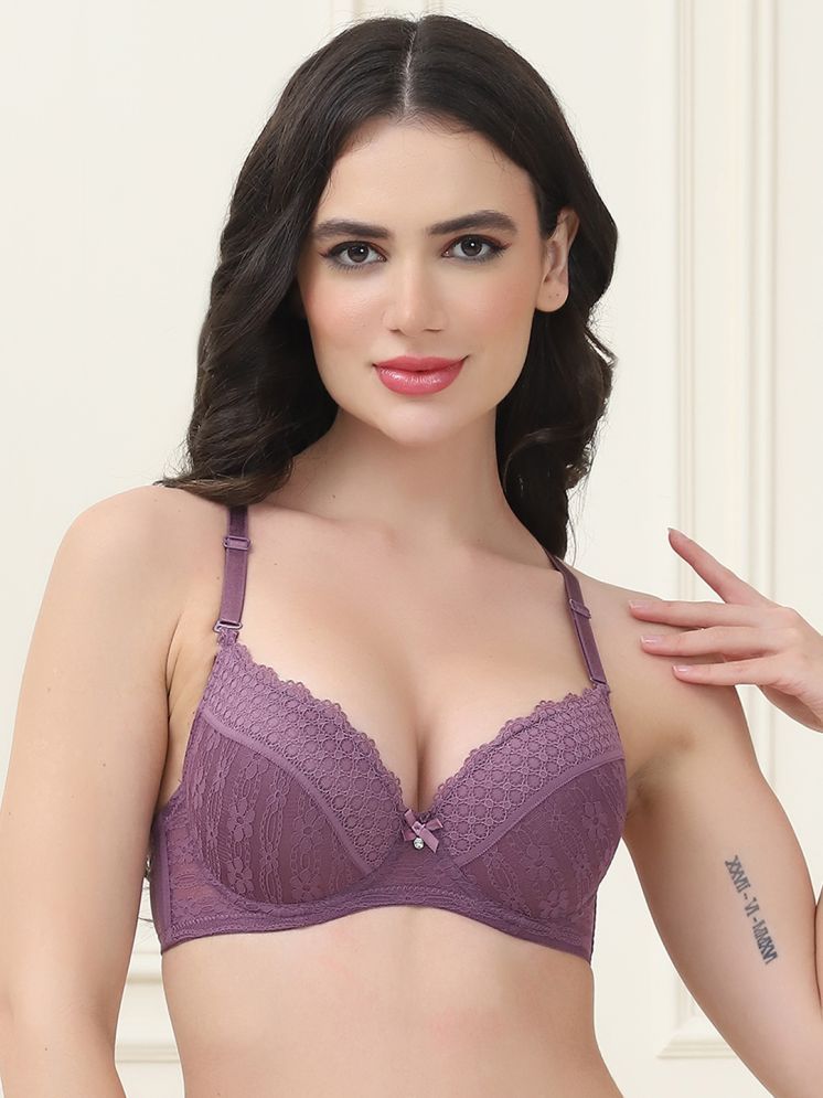     			PrettyCat Pack of 1 Lace Lightly Padded Women's T-Shirt Bra ( Purple ) PC-BR-7048-PPL