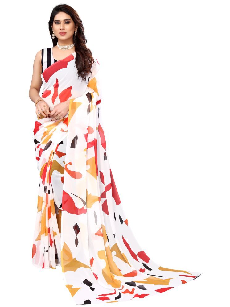     			Sidhidata Georgette Printed Saree With Blouse Piece - White ( Pack of 1 )