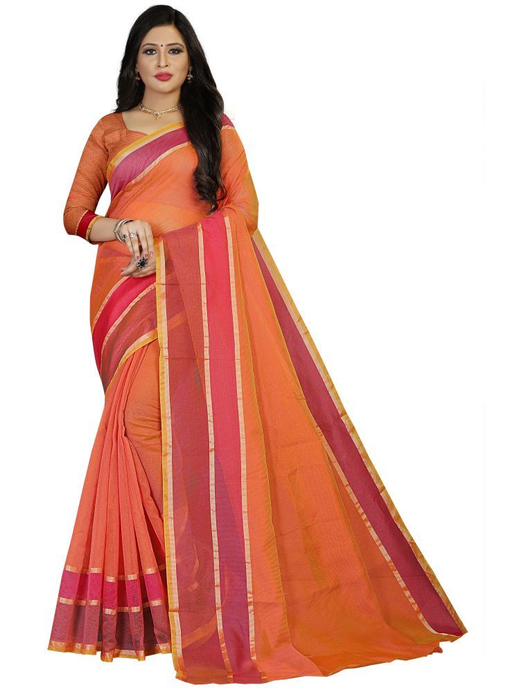     			THE PRIVATE LABLE Cotton Silk Striped Saree Without Blouse Piece - Orange ( Pack of 1 )