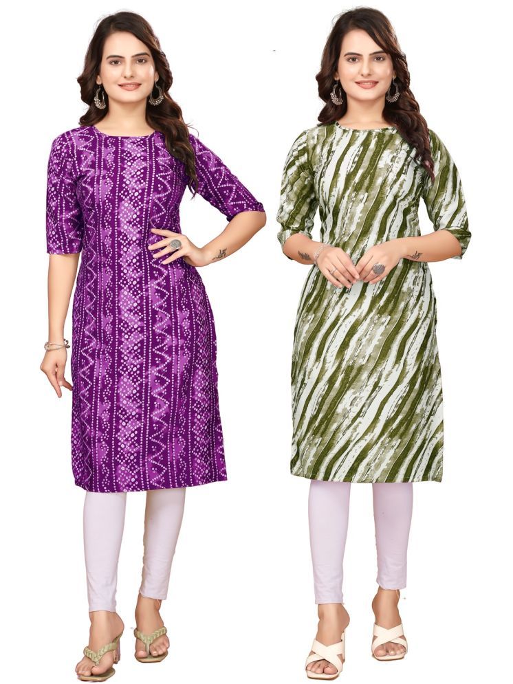     			Fashion Fair Crepe Printed Straight Women's Kurti - Purple,Green ( Pack of 2 )