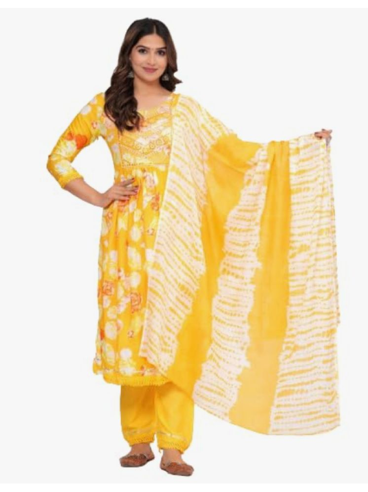     			HF WARD Cotton Printed Kurti With Pants Women's Stitched Salwar Suit - Yellow ( Pack of 1 )