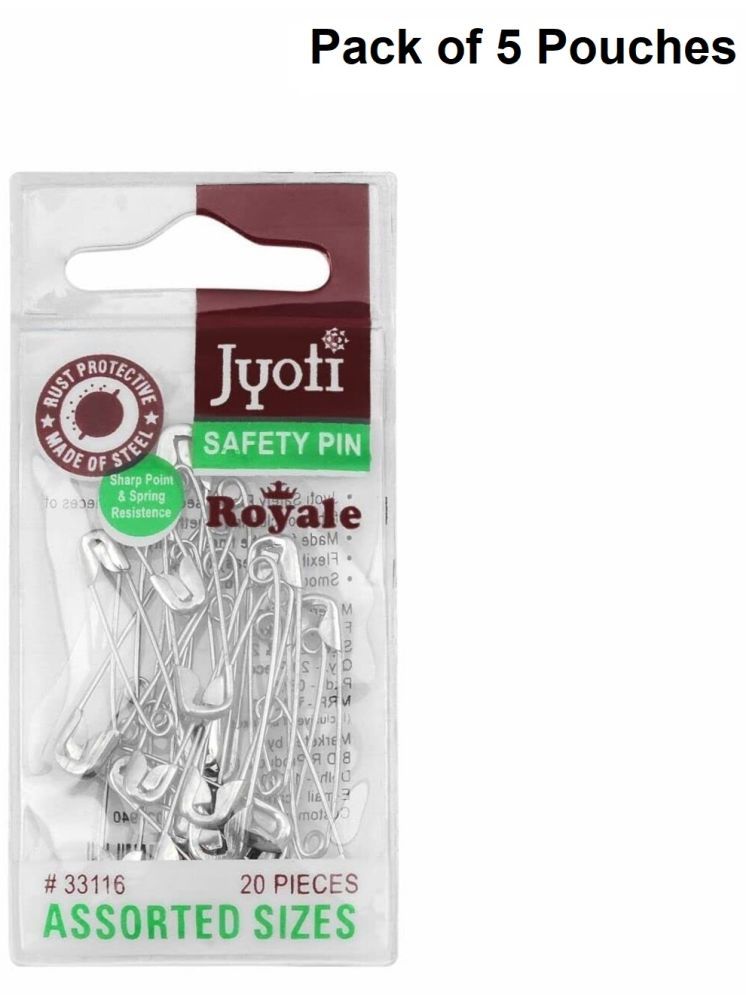     			Jyoti 33116 Safety Pins - Royale, Strong Nickel Plated Steel, Rust Resistant, Heavy Duty Variety Pack, Perfect for Clothes, Crafts, Sewing, (20 Assorted Pins in a Pouch) Sizes 0, 1 & 2 - Pack of 5