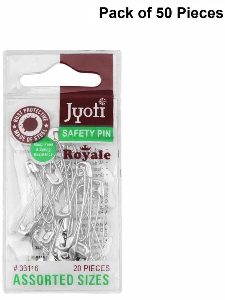     			Jyoti 33116 Safety Pins - Royale, Strong Nickel Plated Steel, Rust Resistant, Heavy Duty Variety Pack, Perfect for Clothes, Crafts, Sewing, (20 Assorted Pins in a Pouch) Sizes 0, 1 & 2 - Pack of 50