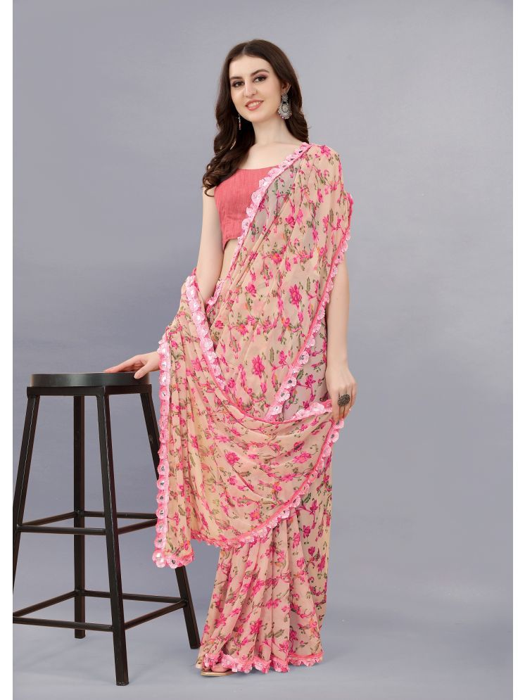     			Gazal Fashions Georgette Printed Saree With Blouse Piece - Peach ( Pack of 1 )