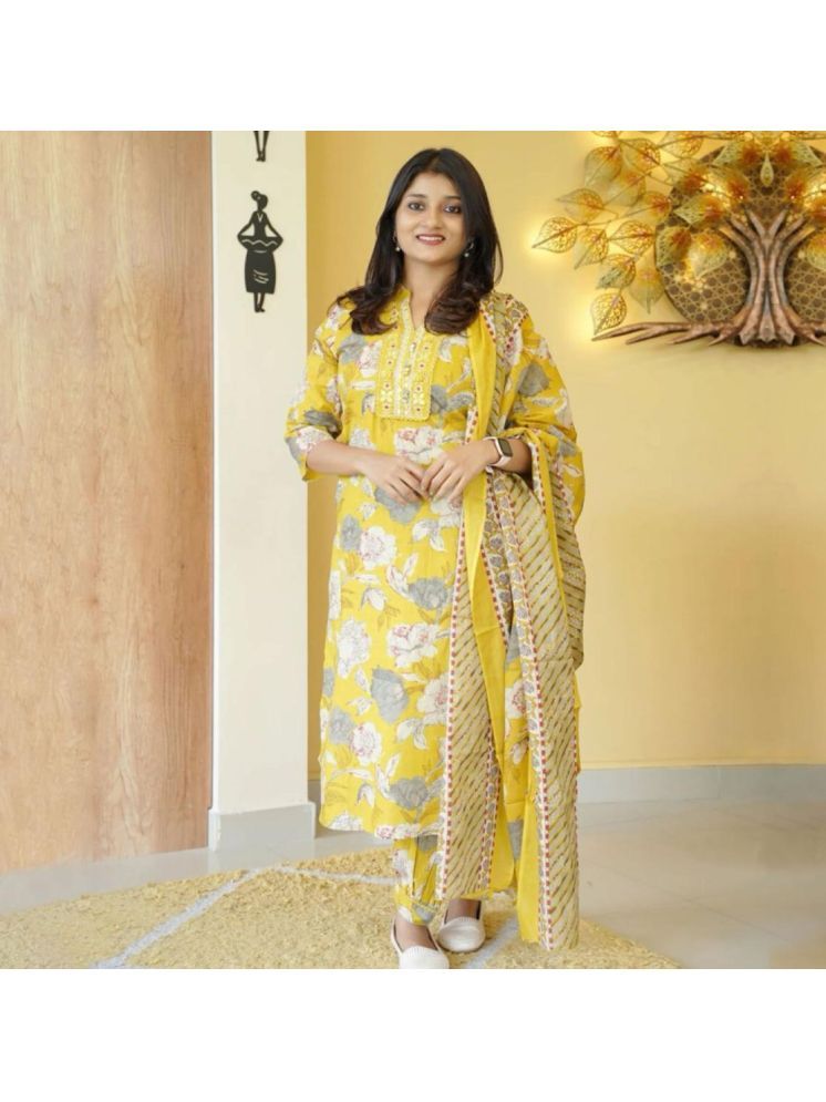     			HF WARD Cotton Printed Kurti With Pants Women's Stitched Salwar Suit - Yellow ( Pack of 1 )