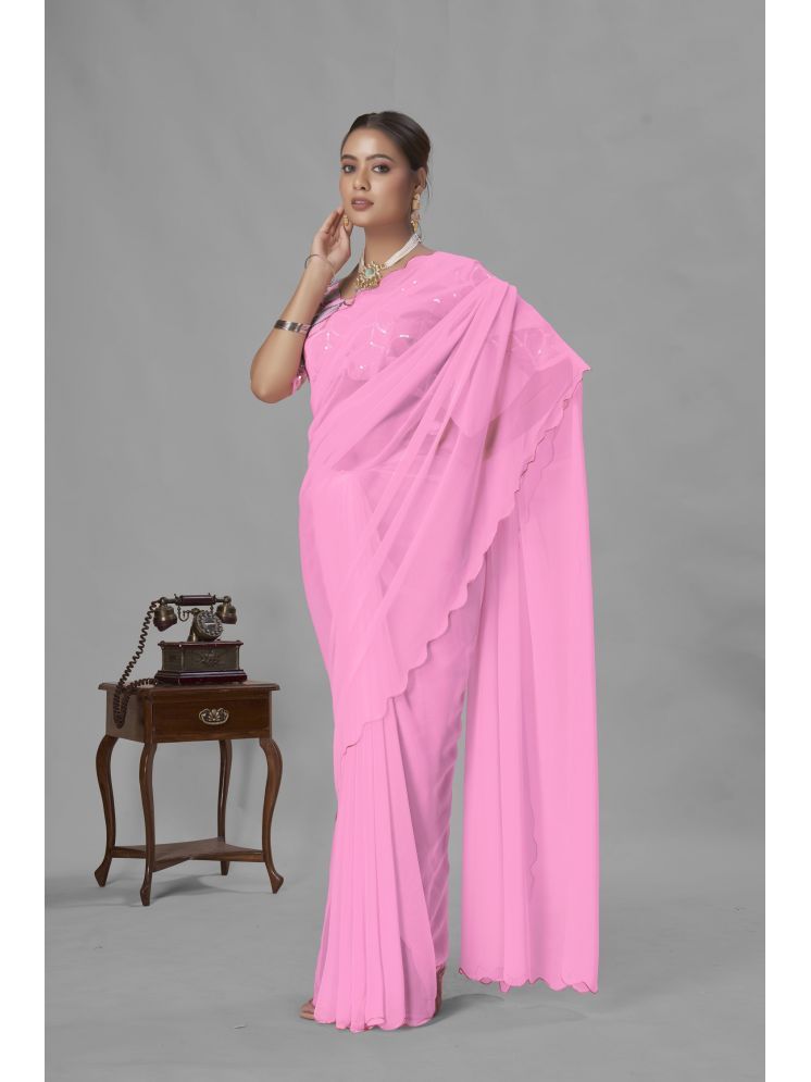     			Lady Shopi Georgette Solid Saree With Blouse Piece - Pink ( Pack of 1 )