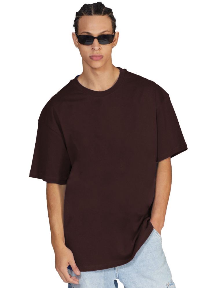     			Leotude Cotton Blend Oversized Fit Solid Half Sleeves Men's Round T-Shirt - Brown ( Pack of 1 )