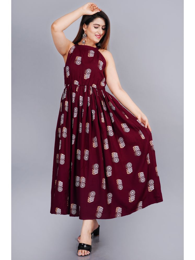     			NUPITAL Rayon Printed Full Length Women's Skater Dress - Maroon ( Pack of 1 )