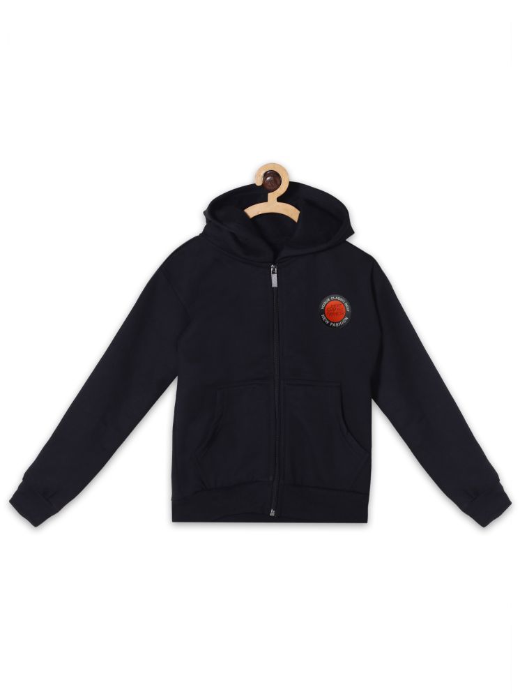     			Fashionable Black color hooded zipper sweatshirts with nearby logo and  kangaroo pocket on front in fleeze fabric for Kids