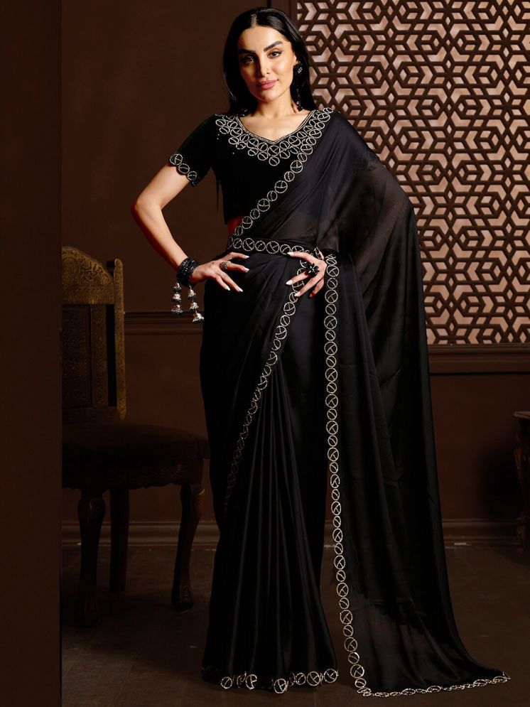     			Gazal Fashions Satin Embellished Saree With Blouse Piece - Black ( Pack of 1 )