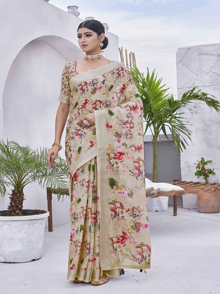     			KRIMMPLE Linen Printed Saree With Blouse Piece - cream ( Pack of 1 )