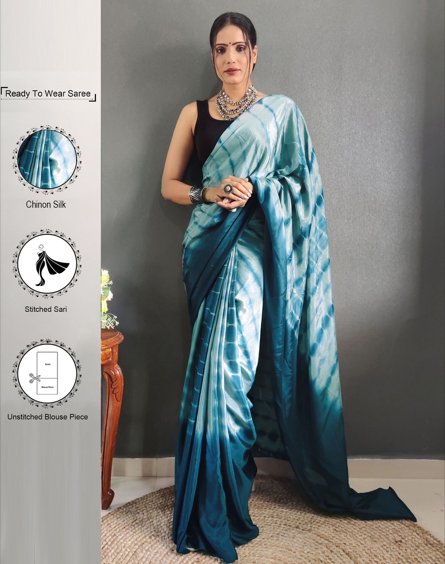     			Samah Chiffon Printed Saree With Blouse Piece - Teal ( Pack of 1 )