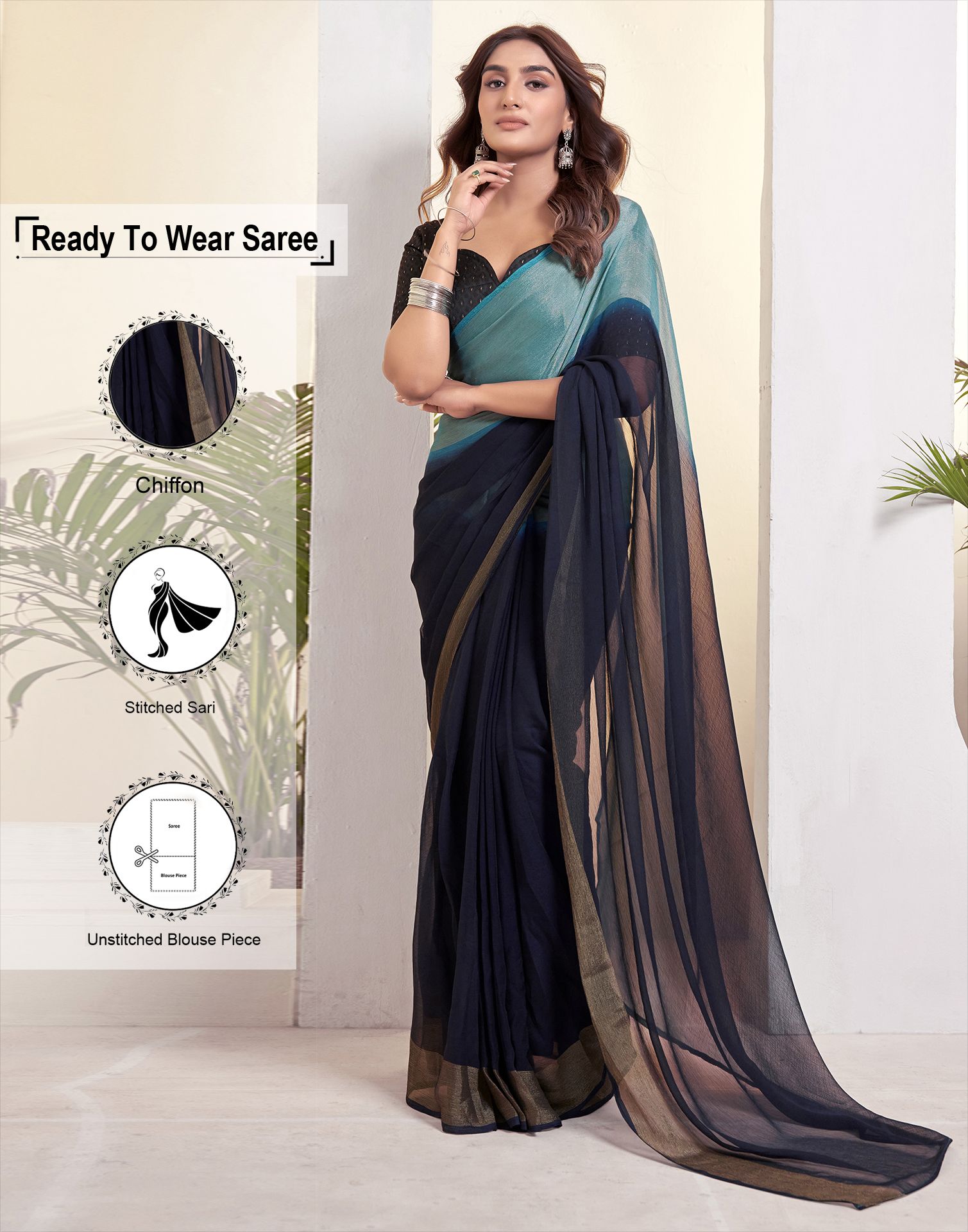     			Samah Chiffon Solid Saree With Blouse Piece - Navy Blue ( Pack of 1 )