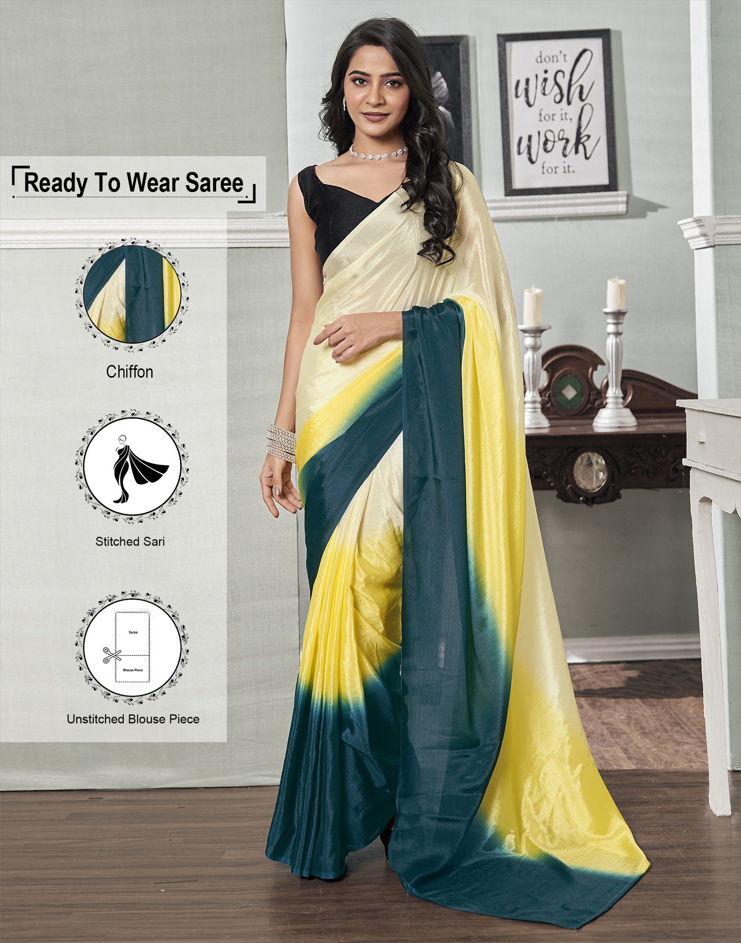     			Samah Chiffon Solid Saree With Blouse Piece - Yellow ( Pack of 1 )