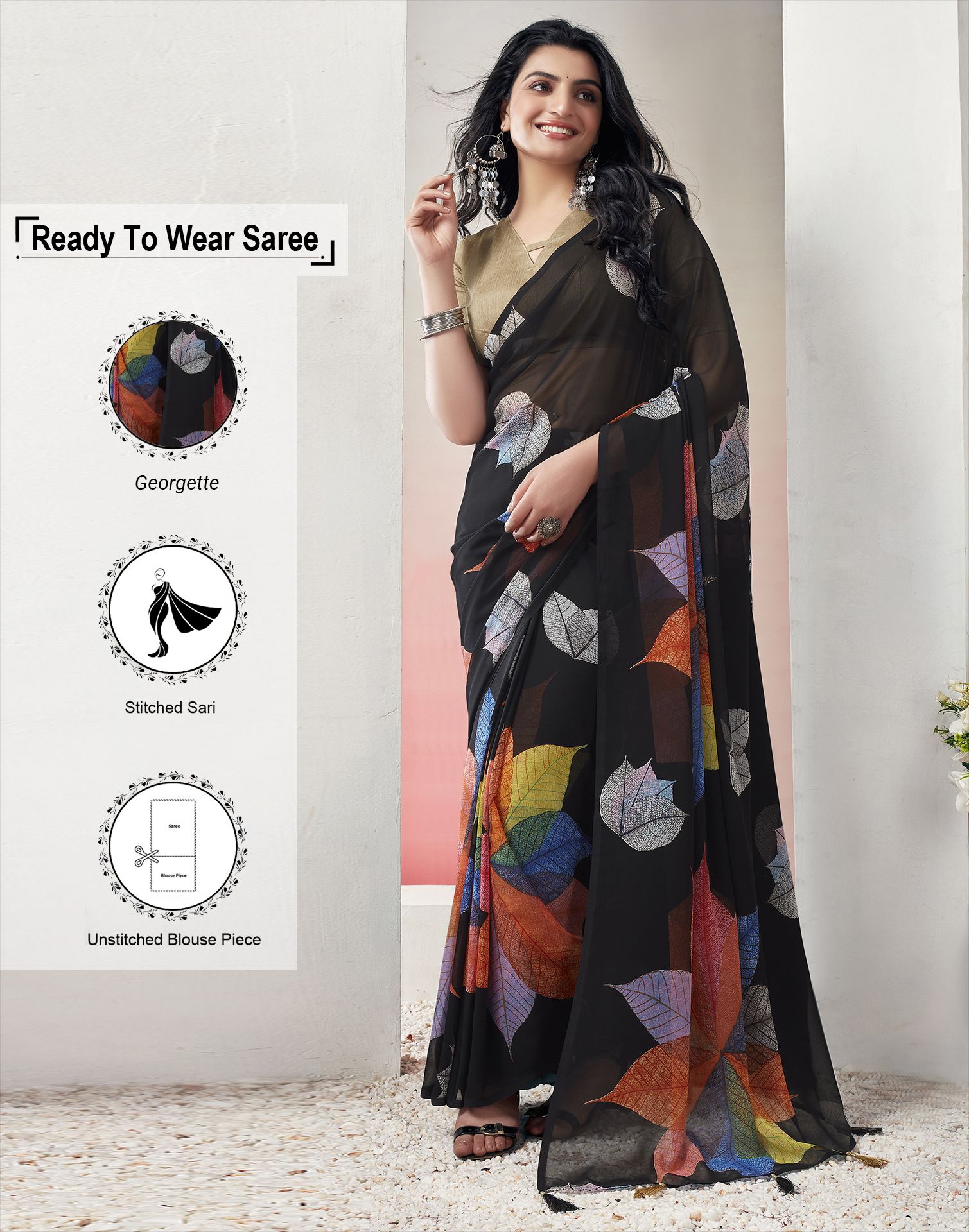     			Samah Georgette Printed Saree With Blouse Piece - Black ( Pack of 1 )