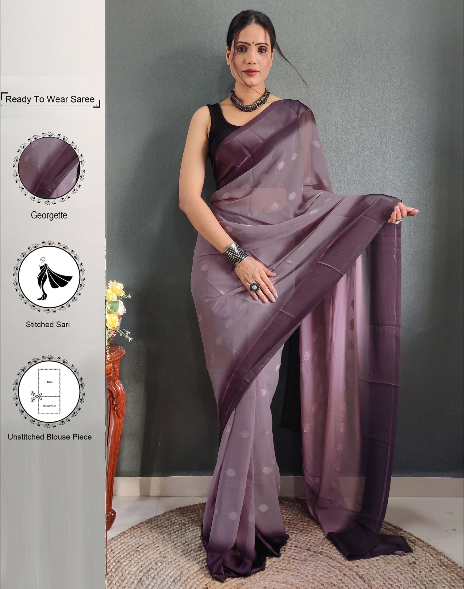     			Samah Georgette Self Design Saree With Blouse Piece - Brown ( Pack of 1 )