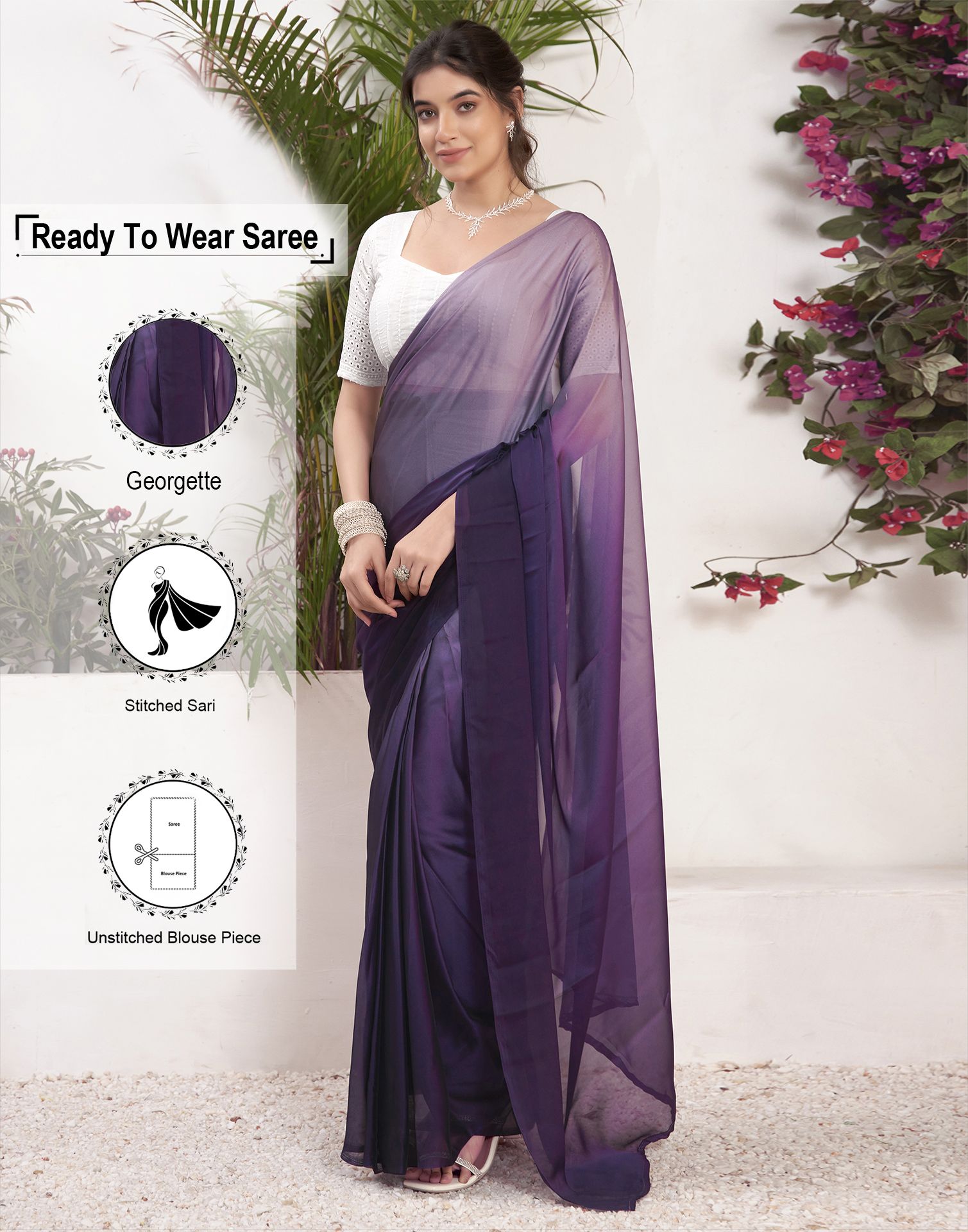     			Samah Georgette Solid Saree With Blouse Piece - Purple ( Pack of 1 )