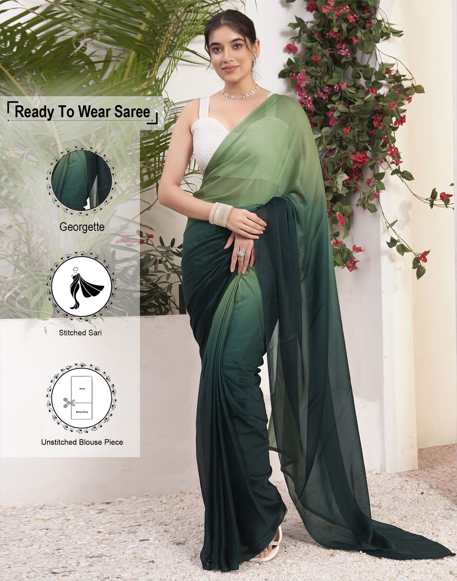     			Samah Georgette Solid Saree With Blouse Piece - Green ( Pack of 1 )