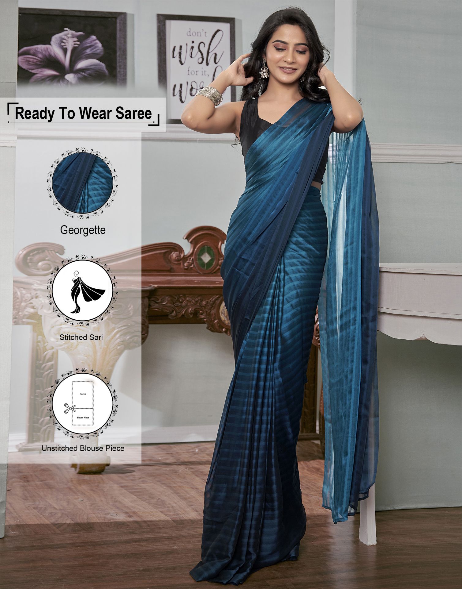     			Samah Georgette Striped Saree With Blouse Piece - Blue ( Pack of 1 )