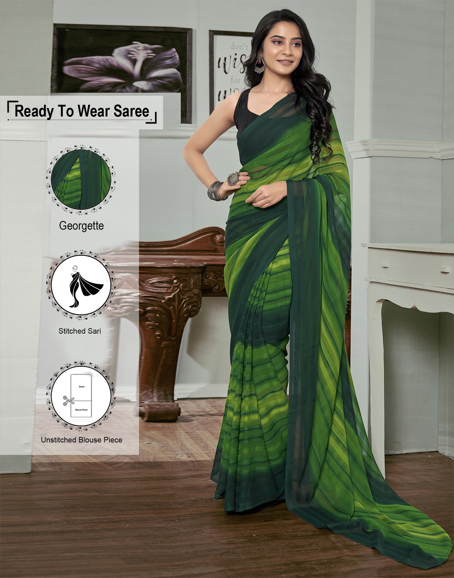     			Samah Georgette Striped Saree With Blouse Piece - Green ( Pack of 1 )