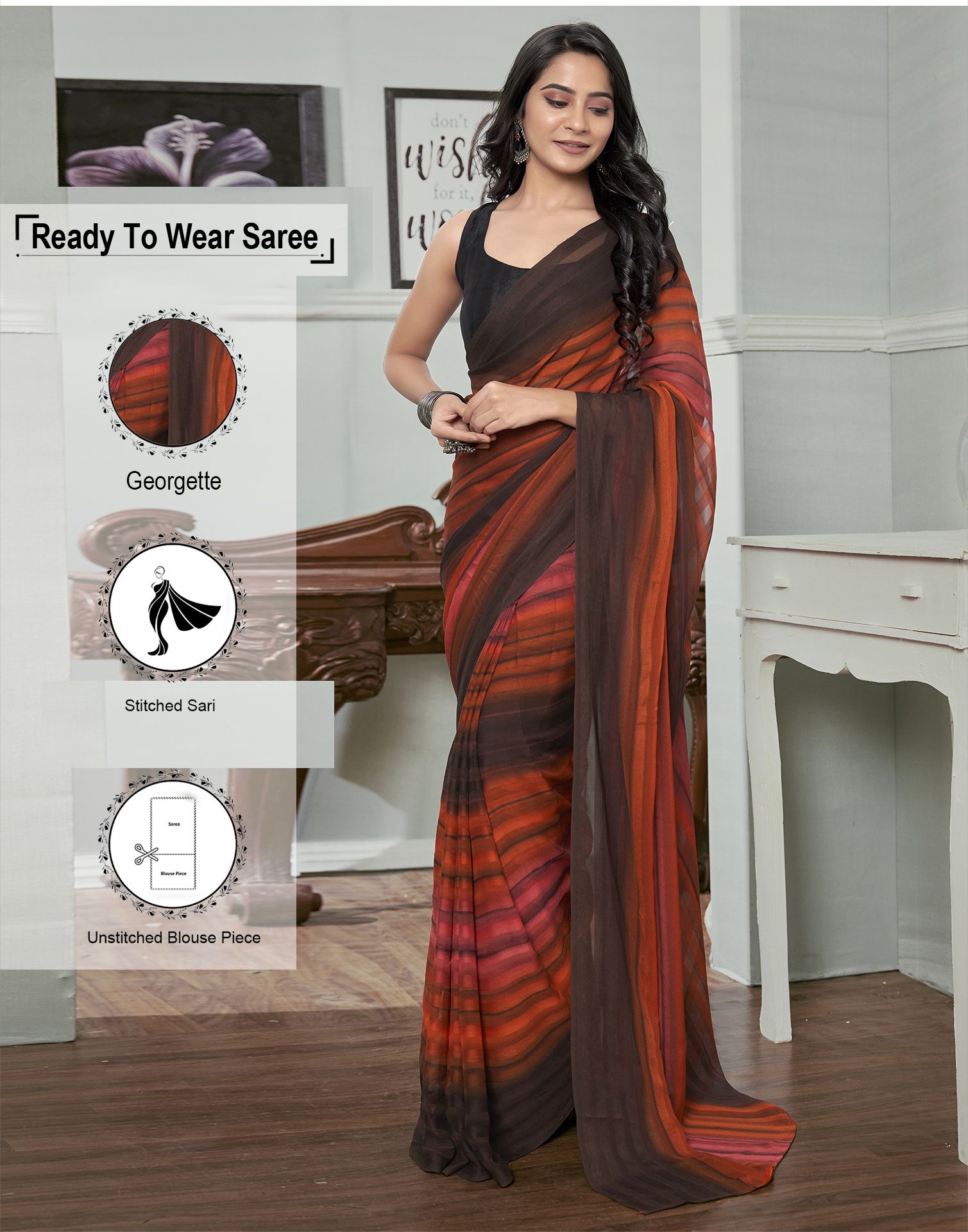     			Samah Georgette Striped Saree With Blouse Piece - Brown ( Pack of 1 )