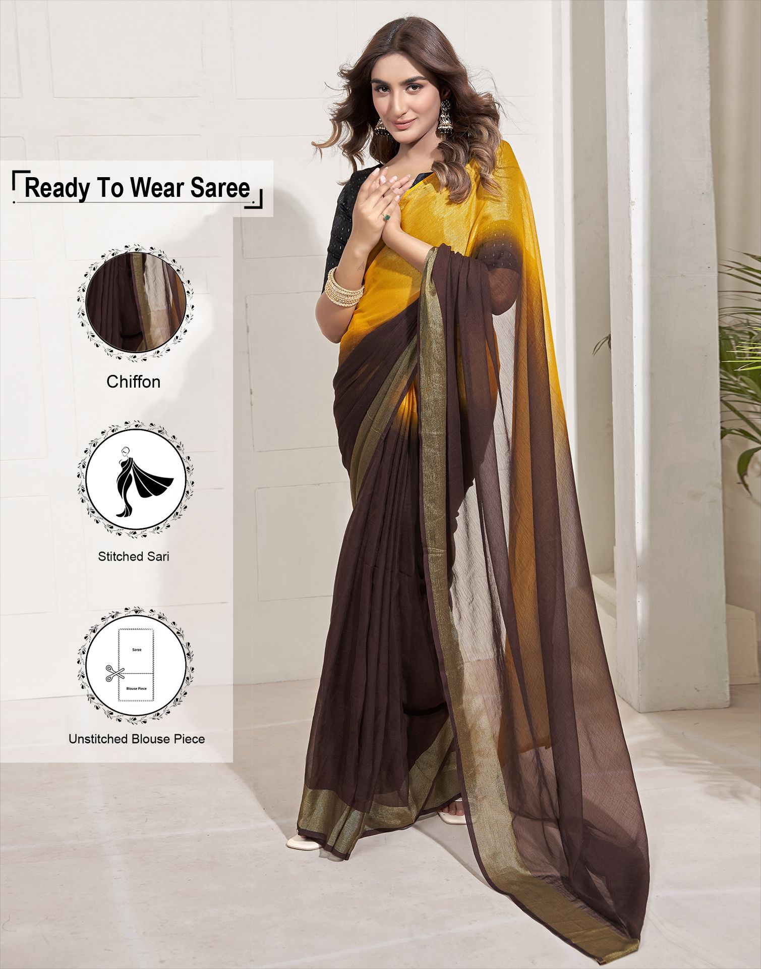     			Satrani Chiffon Solid Saree With Blouse Piece - Brown ( Pack of 1 )