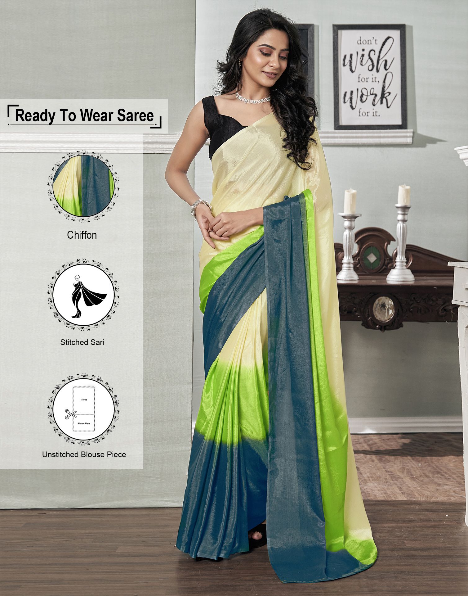     			Satrani Chiffon Solid Saree With Blouse Piece - Lime Green ( Pack of 1 )