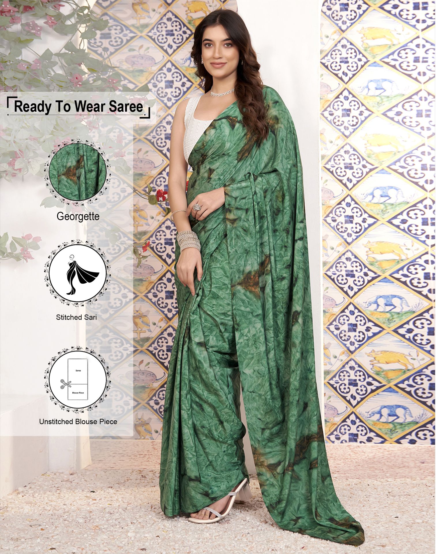     			Satrani Georgette Printed Saree With Blouse Piece - Green ( Pack of 1 )