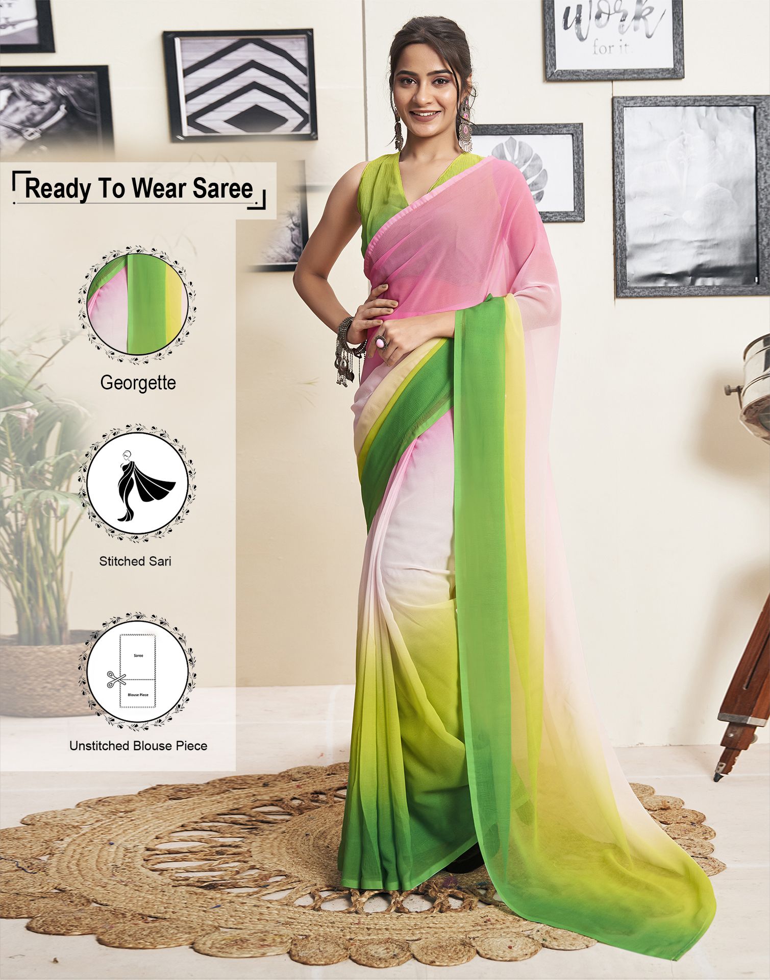     			Satrani Georgette Solid Saree With Blouse Piece - Green ( Pack of 1 )