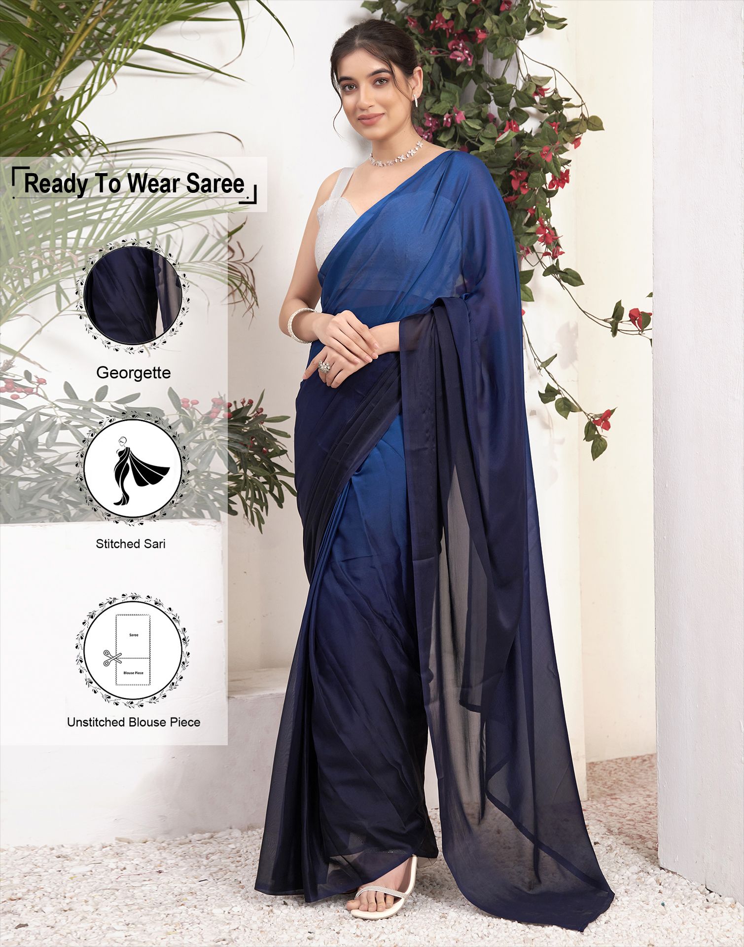     			Satrani Georgette Solid Saree With Blouse Piece - Navy Blue ( Pack of 1 )