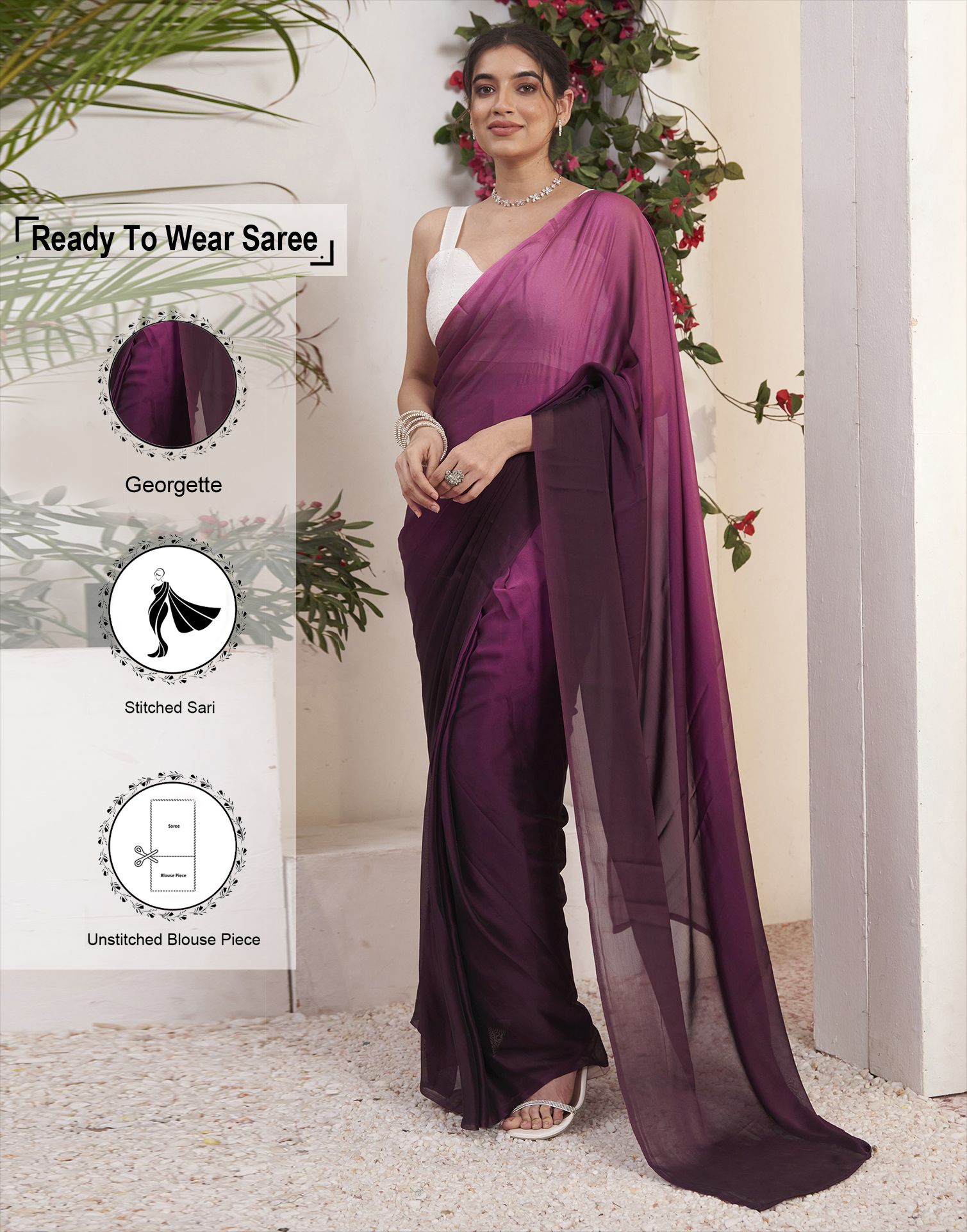     			Satrani Georgette Solid Saree With Blouse Piece - Purple ( Pack of 1 )