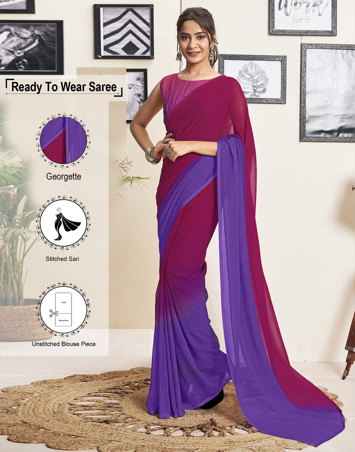     			Satrani Georgette Solid Saree With Blouse Piece - Purple ( Pack of 1 )