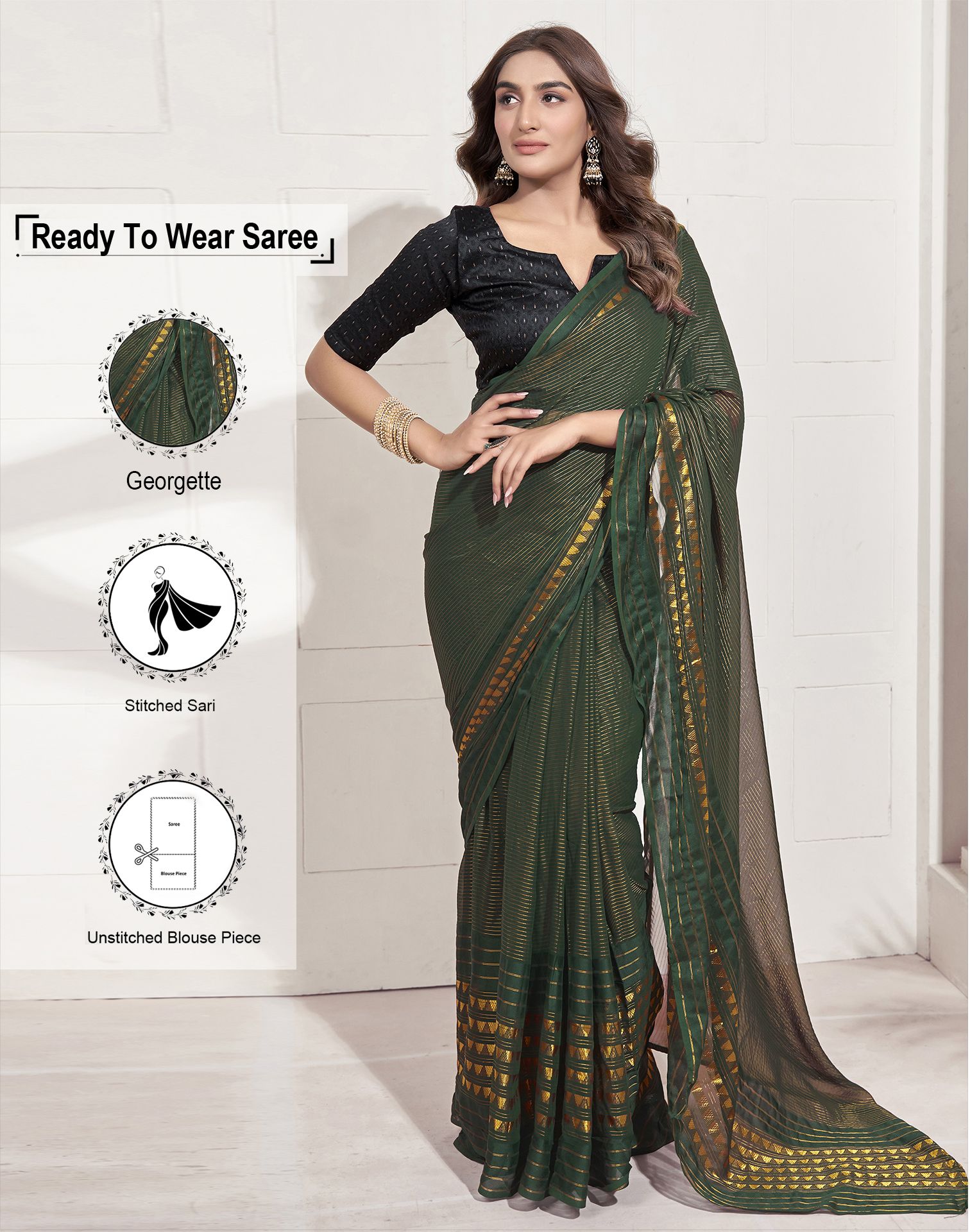     			Satrani Georgette Striped Saree With Blouse Piece - Green ( Pack of 1 )