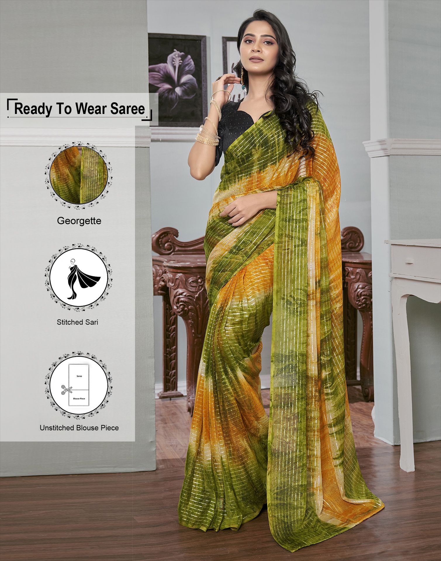     			Satrani Georgette Striped Saree With Blouse Piece - Green ( Pack of 1 )