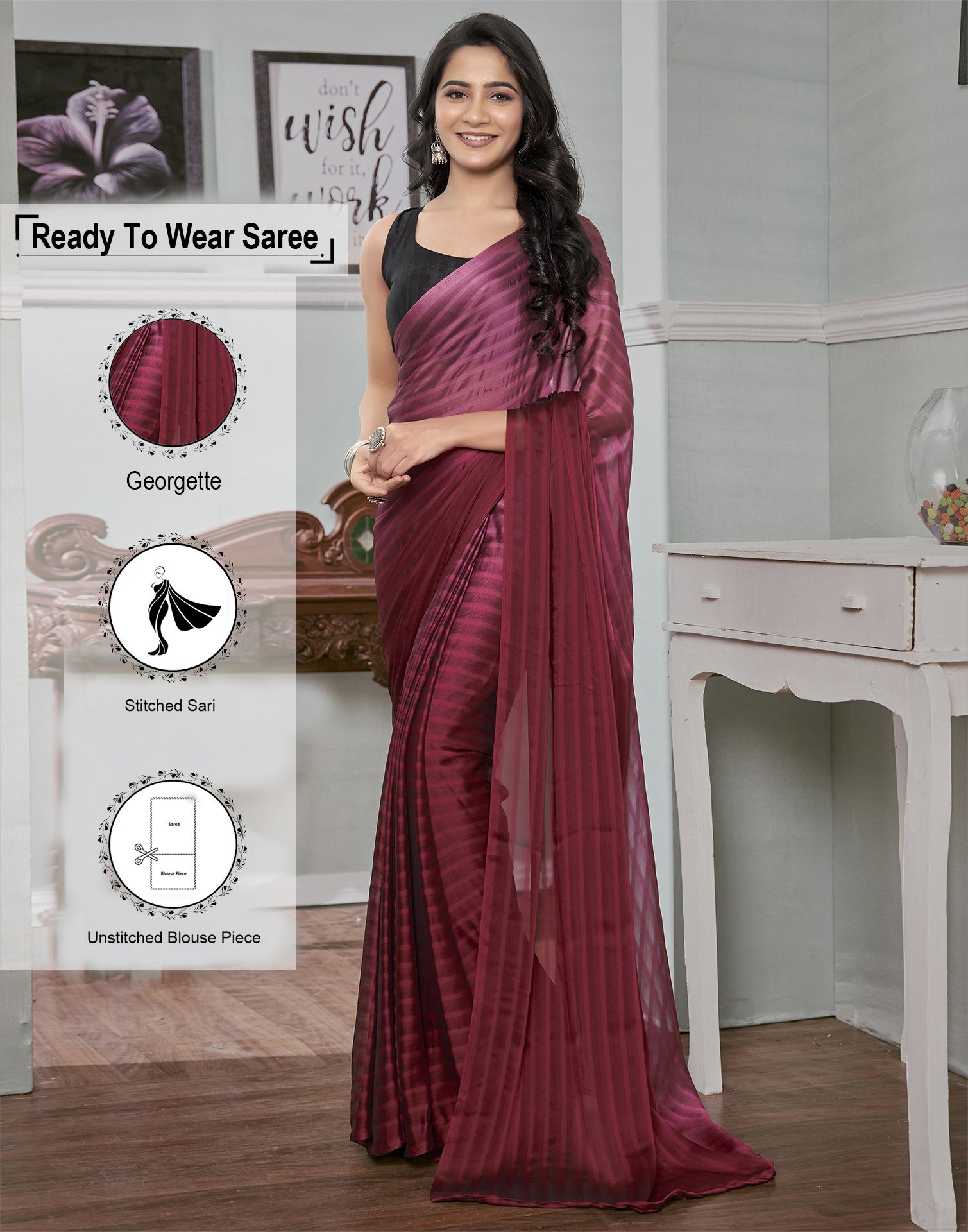     			Satrani Georgette Striped Saree With Blouse Piece - Maroon ( Pack of 1 )