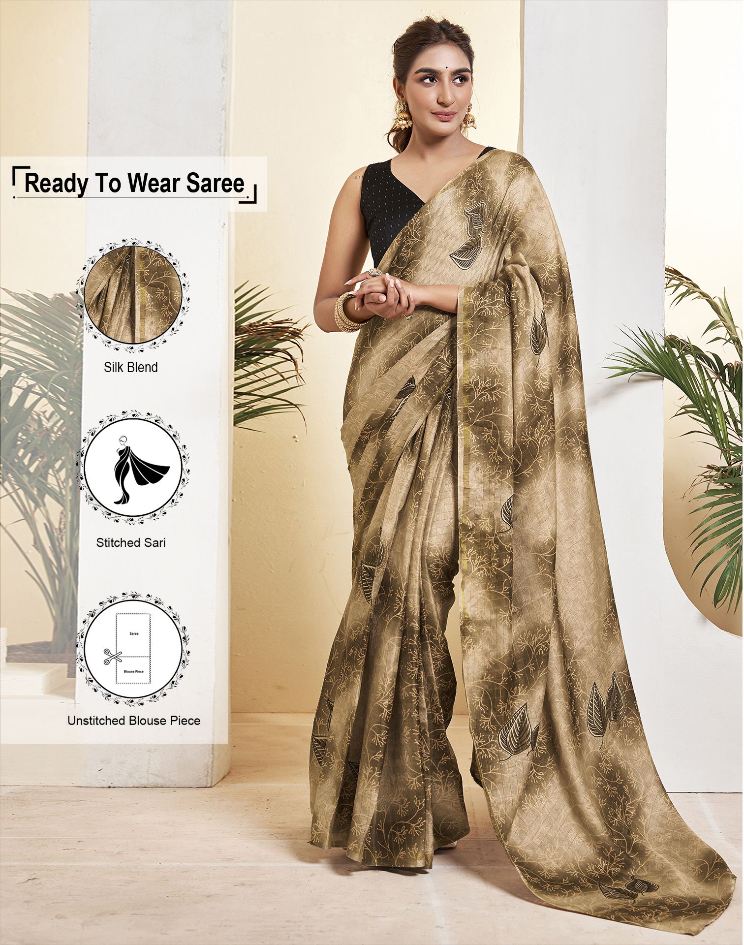     			Satrani Silk Blend Woven Saree With Blouse Piece - Khaki ( Pack of 1 )