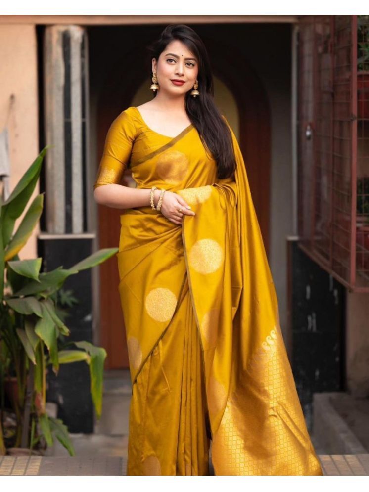     			Vividvibe Banarasi Silk Embellished Saree With Blouse Piece - Yellow ( Pack of 1 )