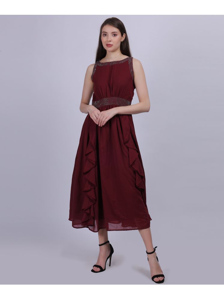     			aumbe Chiffon Embellished Midi Women's Fit & Flare Dress - Maroon ( Pack of 1 )