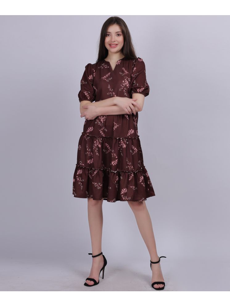     			aumbe Spandex Printed Knee Length Women's Fit & Flare Dress - Brown ( Pack of 1 )