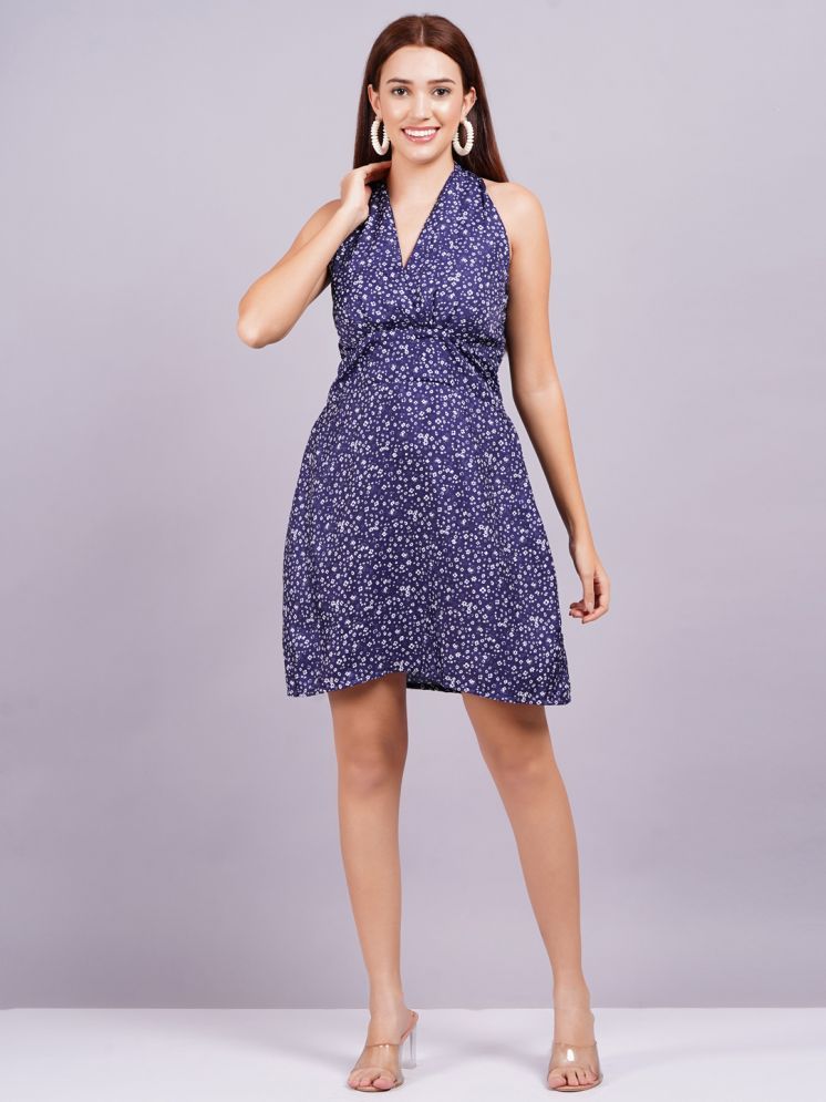     			HIGHLIGHT FASHION EXPORT Crepe Printed Above Knee Women's Fit & Flare Dress - Blue ( Pack of 1 )