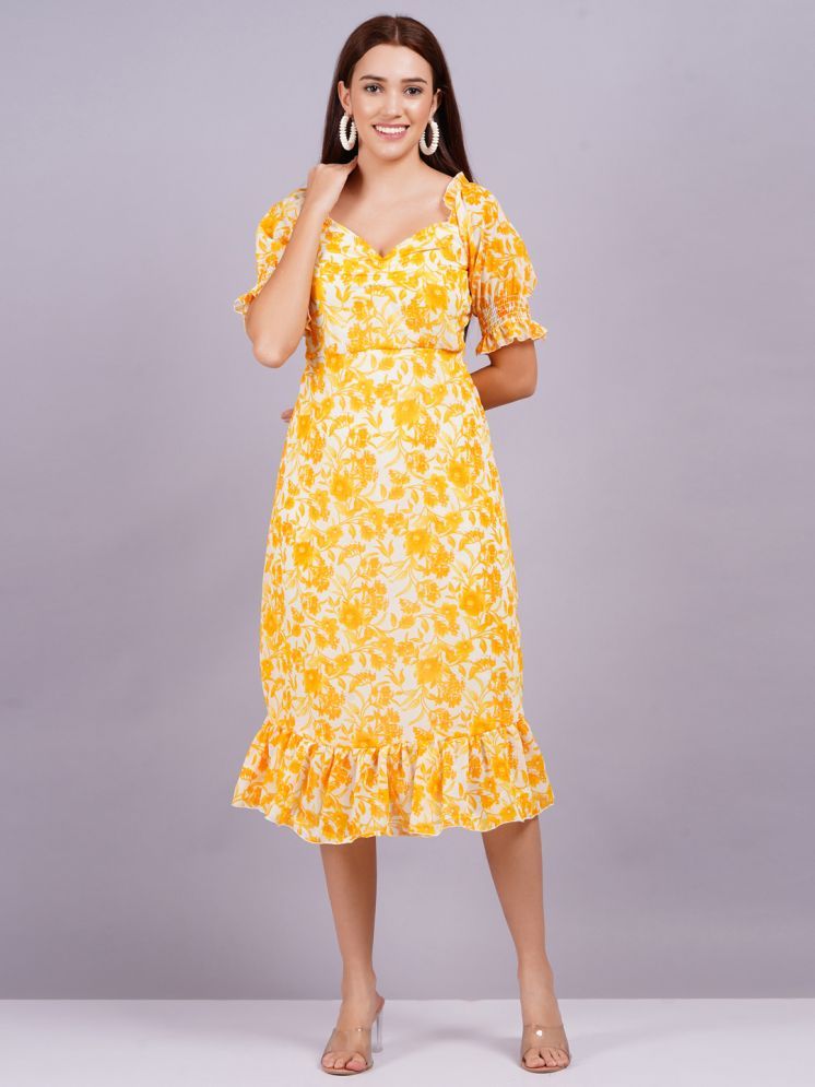     			HIGHLIGHT FASHION EXPORT Georgette Printed Midi Women's Fit & Flare Dress - Yellow ( Pack of 1 )