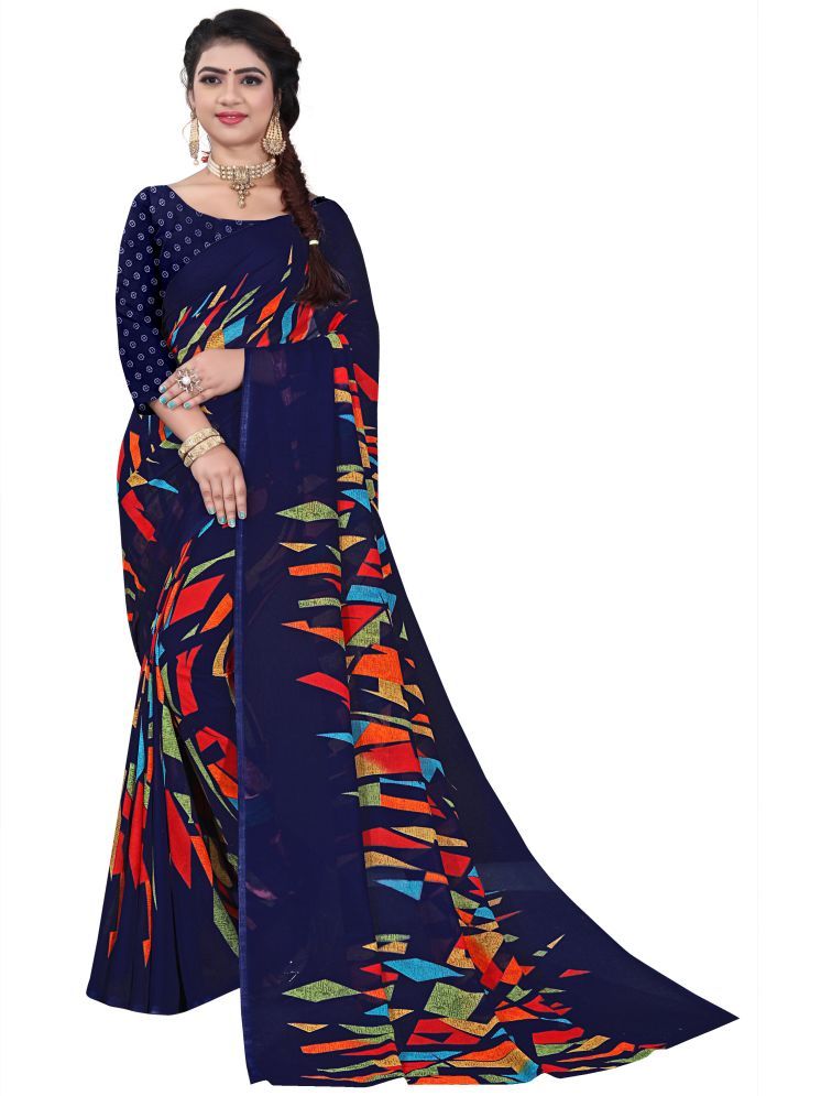     			INDIAN SILKS Georgette Printed Saree With Blouse Piece - Blue ( Pack of 1 )